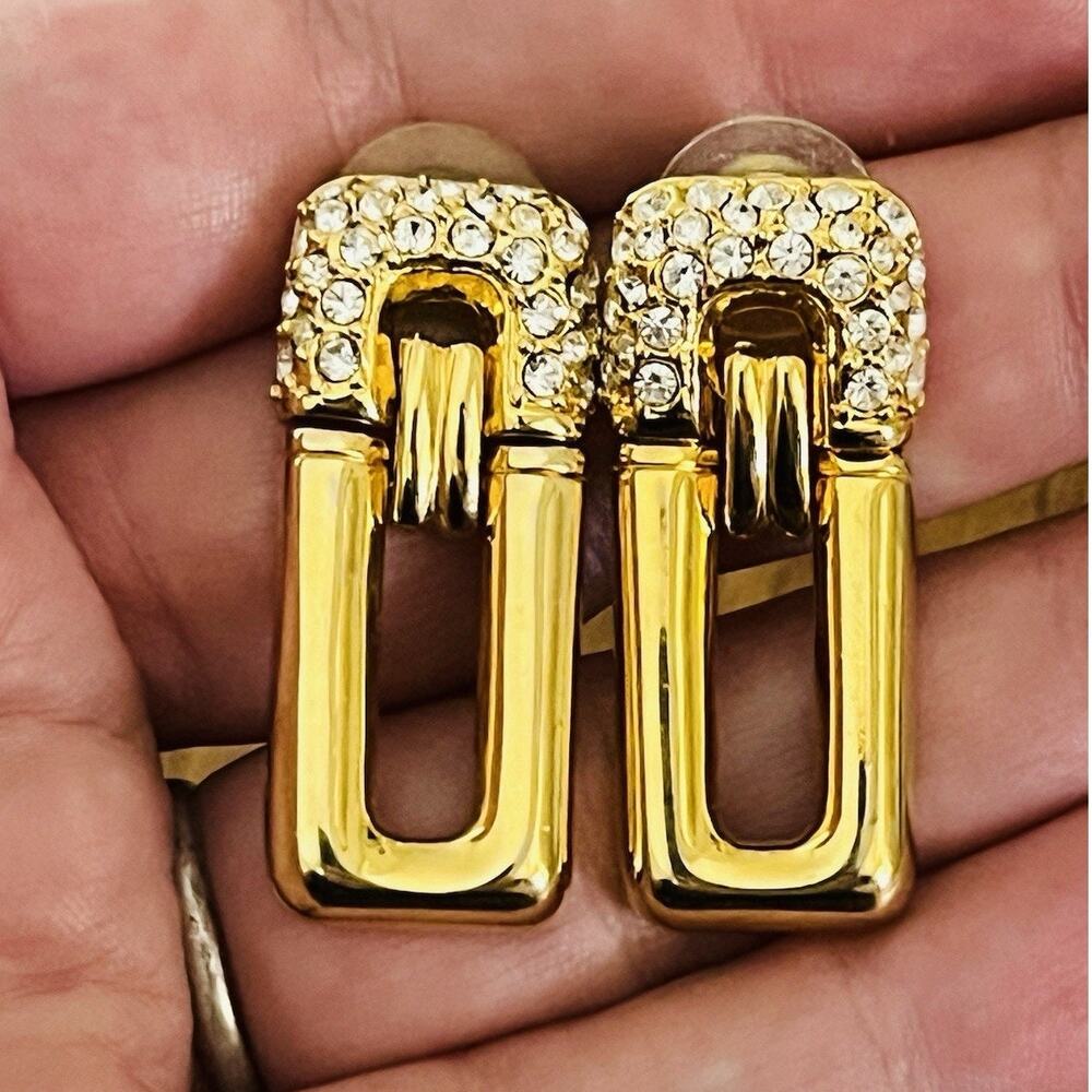 Park Lane Gold-Tone Rhinestone Pave Pierced Earrings Vintage 1.5” Door Knocker